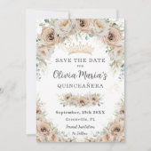 Champagne Beige Crème Goud Bloemen Quinceañera Save The Date (Voorkant)