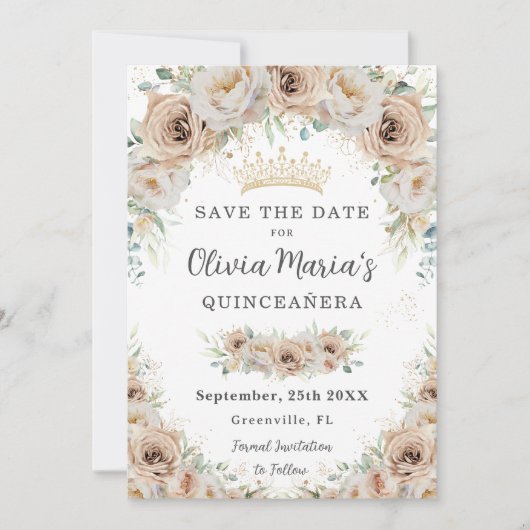 Champagne Beige Crème Goud Bloemen Quinceañera Save The Date (Voorkant)