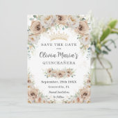 Champagne Beige Crème Goud Bloemen Quinceañera Save The Date (Staand voorkant)