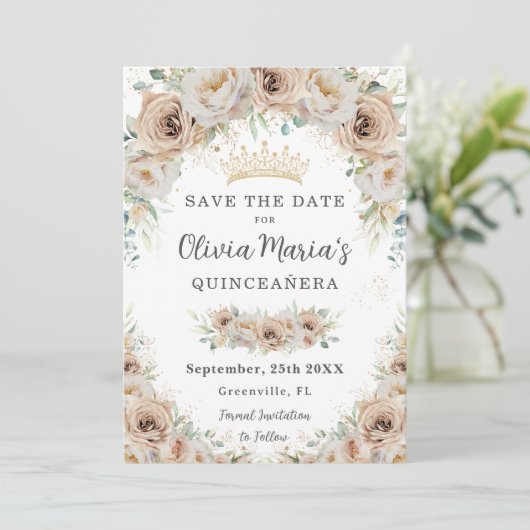 Champagne Beige Crème Goud Bloemen Quinceañera Save The Date (Staand voorkant)