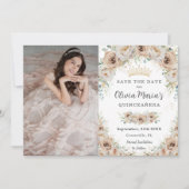 Champagne Beige Crème Goud Bloemen Quinceañera Save The Date (Voorkant)