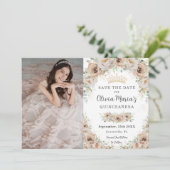 Champagne Beige Crème Goud Bloemen Quinceañera Save The Date (Staand voorkant)