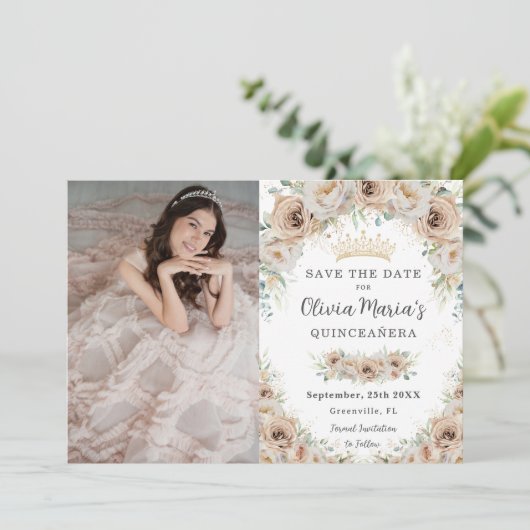 Champagne Beige Crème Goud Bloemen Quinceañera Save The Date (Staand voorkant)