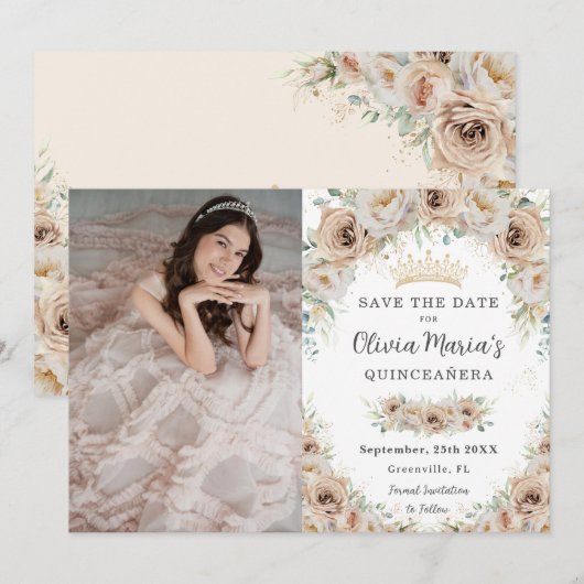 Champagne Beige Crème Goud Bloemen Quinceañera Save The Date (Voorkant / Achterkant)