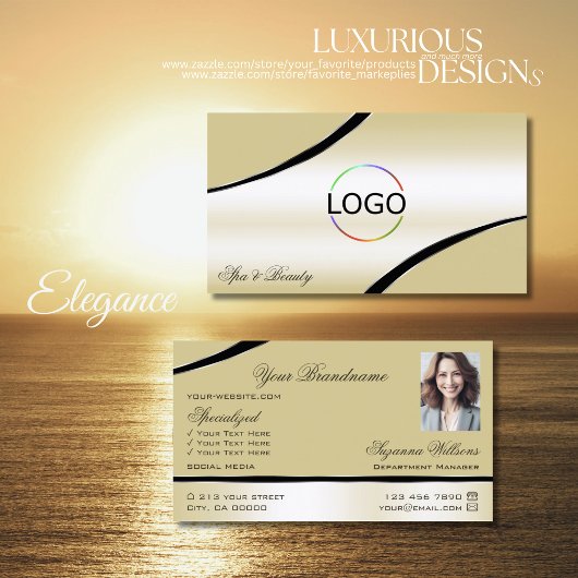 Champagne Beige Curved Decor Lines Logo en foto Visitekaartje