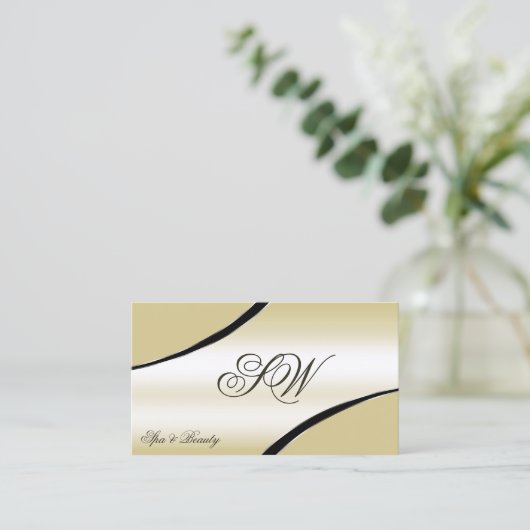 Champagne Beige Curved Lines Monogram en QR-code Visitekaartje (Staand voorkant)