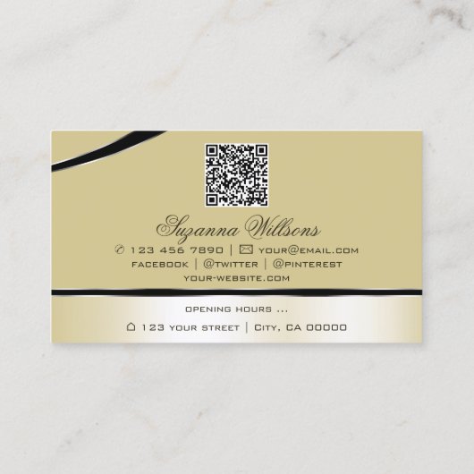 Champagne Beige Gekromde Decorlijnen Logo QR Code Visitekaartje (Achterkant)
