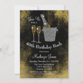 Champagne Birthday Invitation Black Gold Silver Kaart (Voorkant)