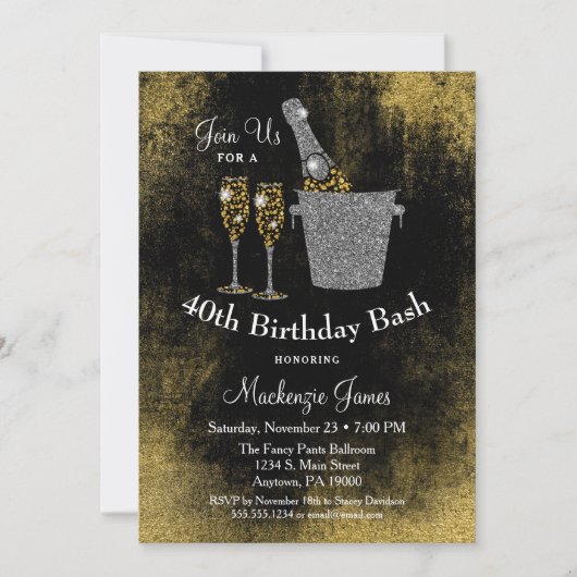 Champagne Birthday Invitation Black Gold Silver Kaart (Voorkant)