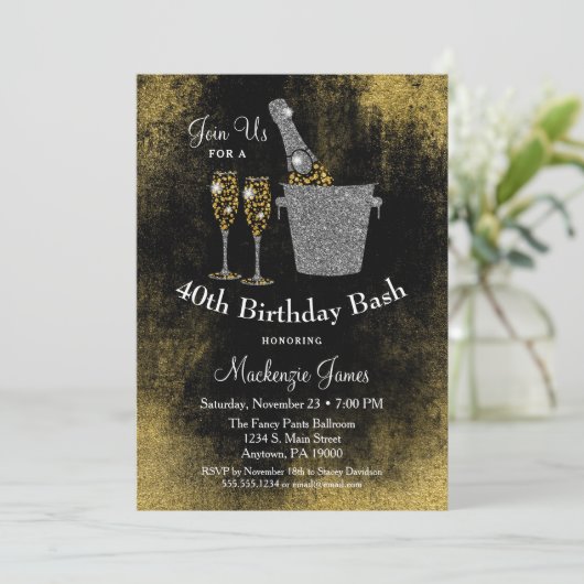 Champagne Birthday Invitation Black Gold Silver Kaart (Staand voorkant)