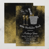 Champagne Birthday Invitation Black Gold Silver Kaart (Voorkant / Achterkant)