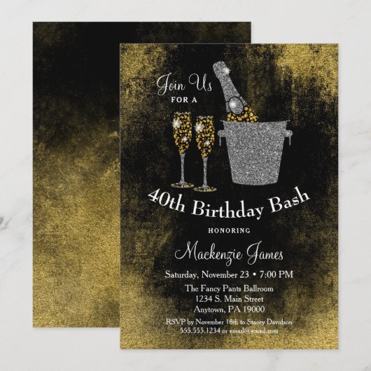 Champagne Birthday Invitation Black Gold Silver Kaart (Voorkant / Achterkant)