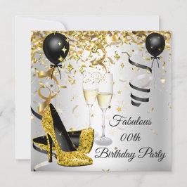 Champagne Birthday party Gold high Heels Silver Kaart
