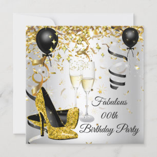 Champagne Birthday party Gold high Heels Silver Kaart