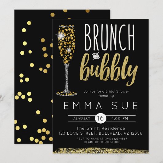 Champagne Black Gold Brunch & Bubble Vrijgezellenf Kaart (Voorkant / Achterkant)