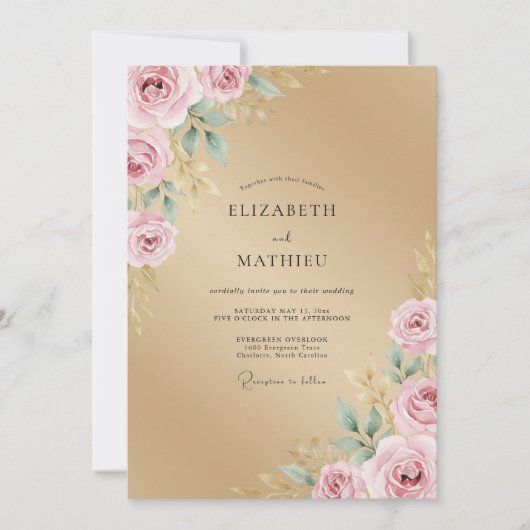 Champagne Bloemblad Roze Rozen Bruiloft Kaart (Voorkant)