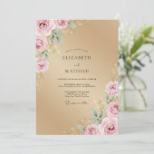 Champagne Bloemblad Roze Rozen Bruiloft Kaart (Staand voorkant)