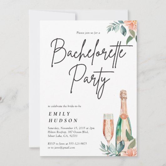 Champagne Bloemen Bachelorette Party Uitnodiging (Voorkant)