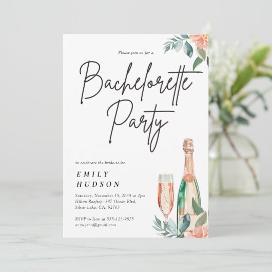 Champagne Bloemen Bachelorette Party Uitnodiging (Staand voorkant)
