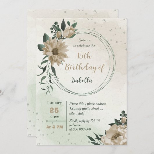 champagne bloemen groen verjaardag kaart (Voorkant / Achterkant)