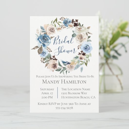 Champagne Bloemen Krans Bruids Douche Uitnodiging (Staand voorkant)