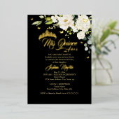 Champagne Bloemen Zwart Goud Mis Quince Quinceaner Folie Uitnodiging (Staand Voorkant)