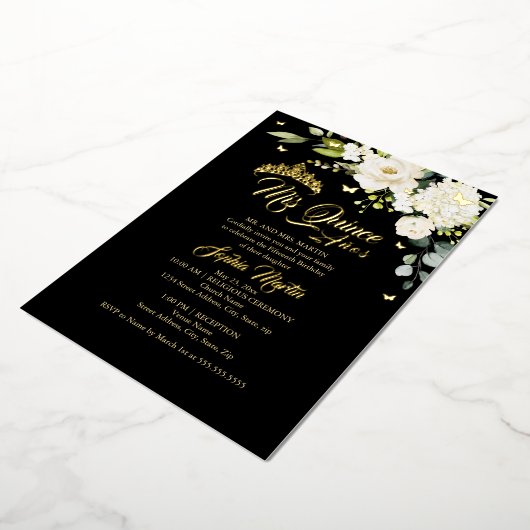 Champagne Bloemen Zwart Goud Mis Quince Quinceaner Folie Uitnodiging (Gedraaid)