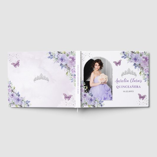 Champagne Bloemenvlinders Quinceañera Foto Gastenboek (Volledig)