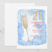 Champagne blue 21e verjaardagsuitnodiging kaart (Voorkant / Achterkant)