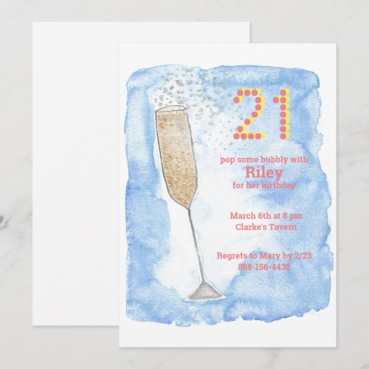 Champagne blue 21e verjaardagsuitnodiging kaart (Voorkant / Achterkant)