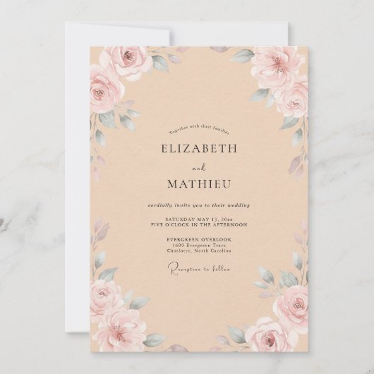 Champagne Blush Bloemblad Bruiloft Kaart (Voorkant)
