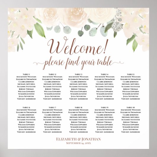 Champagne Blush Boho Rozen 10 Table Seating Chart Poster (Voorkant)