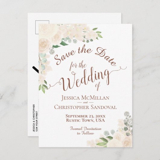 Champagne Blush Peach Floral Wedding Save the Date Aankondigingskaart (Voorkant / Achterkant)