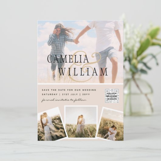Champagne Blush PHOTO Weddenschap QR Code Kaart (Staand voorkant)