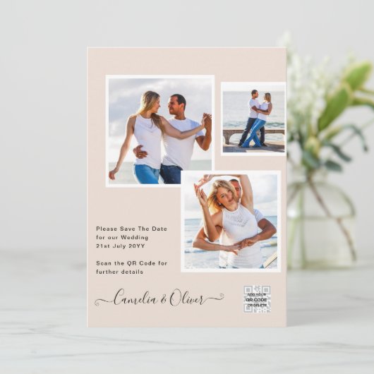 Champagne Blush PHOTO Weddenschap QR Code Kaart (Staand voorkant)