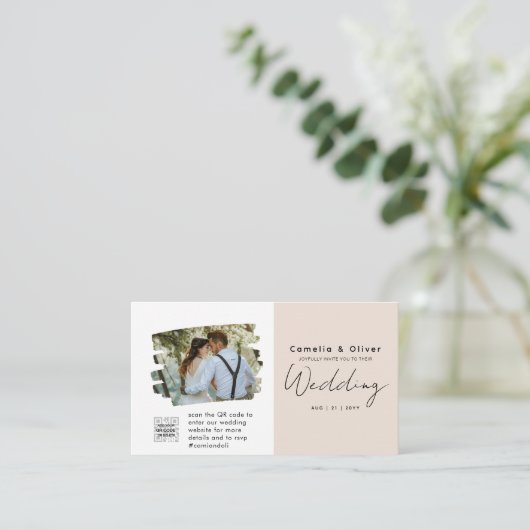 Champagne Blush PHOTO Weddenschap QR Code Visitekaartje (Staand voorkant)