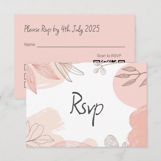 Champagne Blush Pink - Hand getrokken Bloemen RSVP Kaartje (Voorkant / Achterkant)