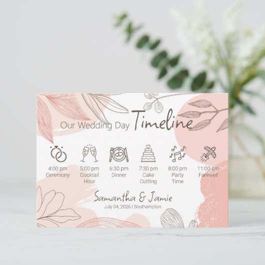 Champagne Blush Pink - Hand getrokken Bloemen Tijd Informatiekaartje (Staand voorkant)