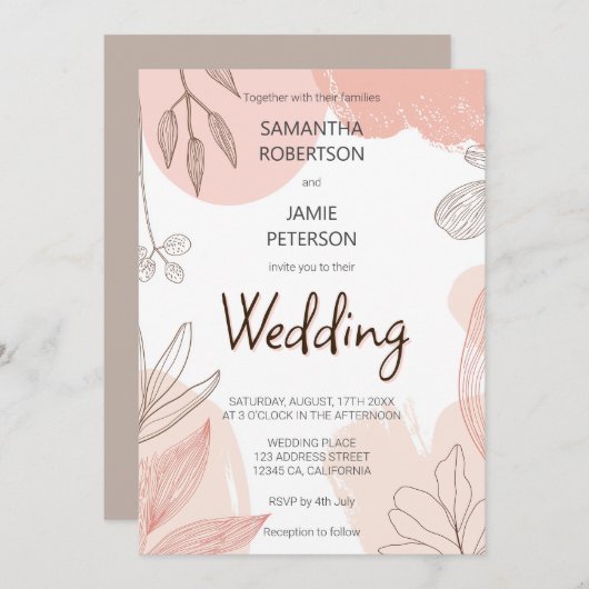 Champagne Blush Roze - Hand getrokken Bloemen brui Kaart (Voorkant / Achterkant)