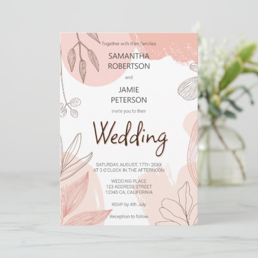 Champagne Blush Roze - Hand getrokken Bloemen brui Kaart (Staand voorkant)