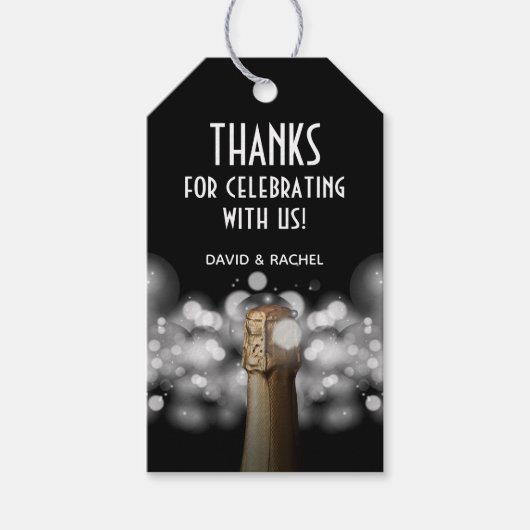 Champagne Bottle Black and White Bokeh Cadeaulabel (Voorkant)