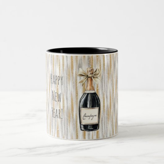 Champagne Bottle Gold Silver Stripes New Year Tweekleurige Koffiemok (Center)