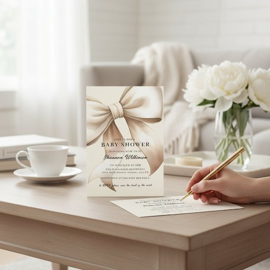 Champagne Bow Baby Shower QR code Invite Kaart