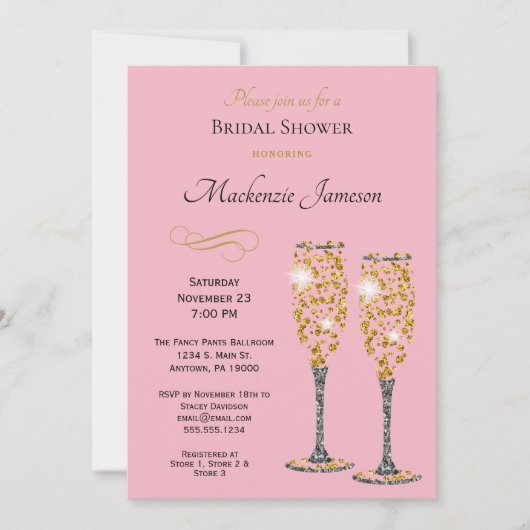 Champagne Bridal Shower Invitation roze Black Gold Kaart (Voorkant)