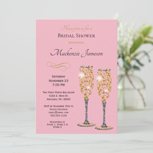Champagne Bridal Shower Invitation roze Black Gold Kaart (Staand voorkant)