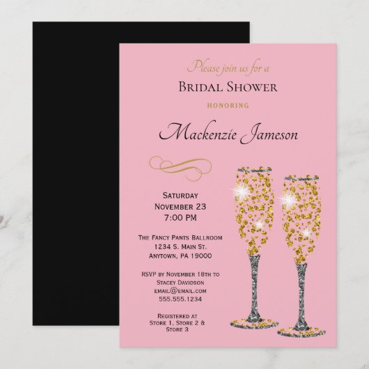 Champagne Bridal Shower Invitation roze Black Gold Kaart (Voorkant / Achterkant)