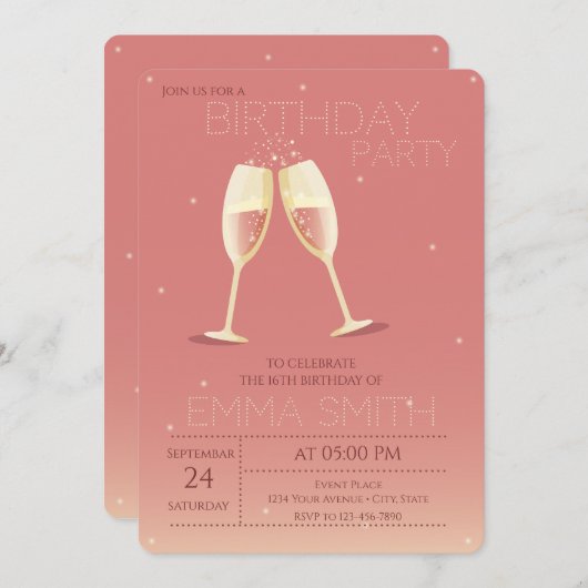 Champagne-bril Birthday-uitnodiging Kaart (Voorkant / Achterkant)