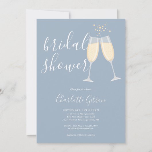 Champagne Bruidsfeest QR Code Stofblauw Kaart (Voorkant)