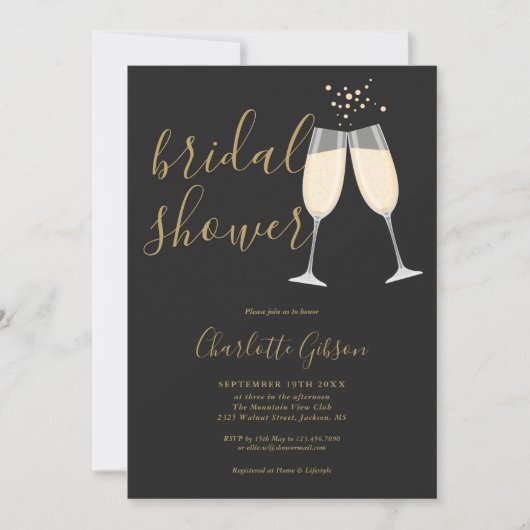 Champagne Bruidsfeest QR-code Zwart en Goud Kaart (Voorkant)
