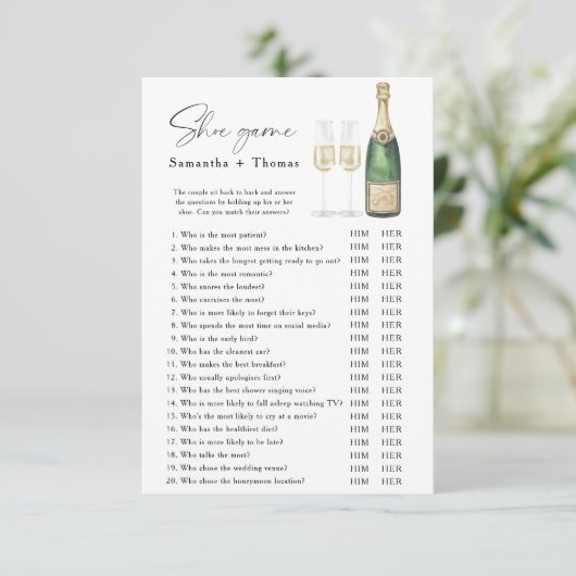 Champagne bruidsshower Schoen spel Kaart (Staand voorkant)
